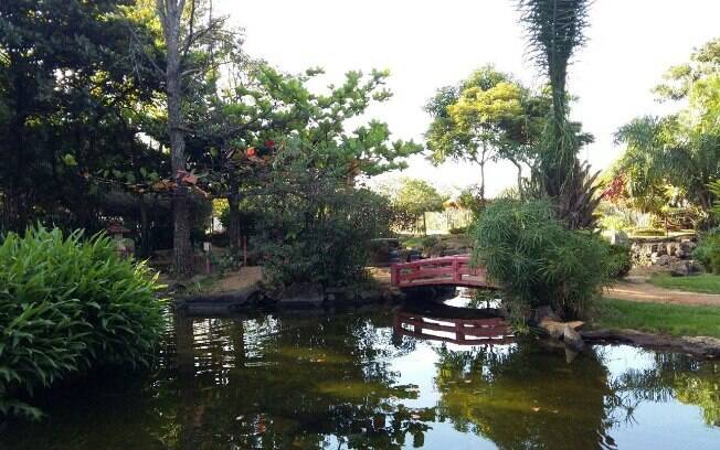 Jardim japones, com um lago e uma ponte atravessando ele.