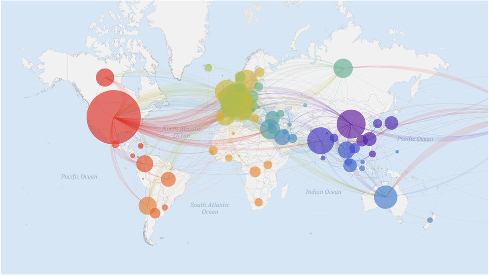 Mapa de milhares de sequencias geneticas do coronavirus