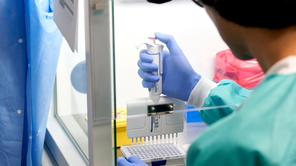 Técnico trabalhando em laboratório, sentado diante de mesa com amostras