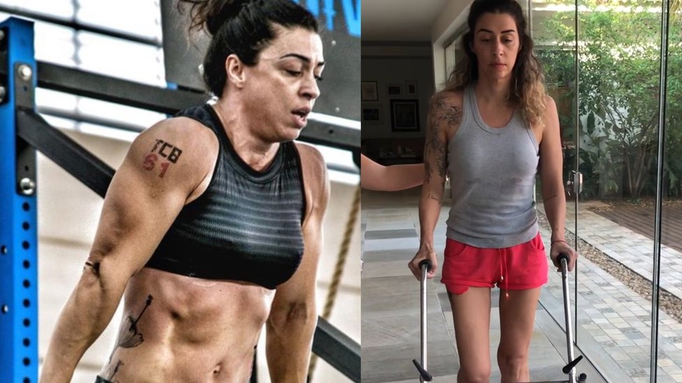 Em foto antiga, Raquel se equilibra em barra durante competição de crossfit. Na imagem ao lado, ela está com um andador se recuperando após a covid