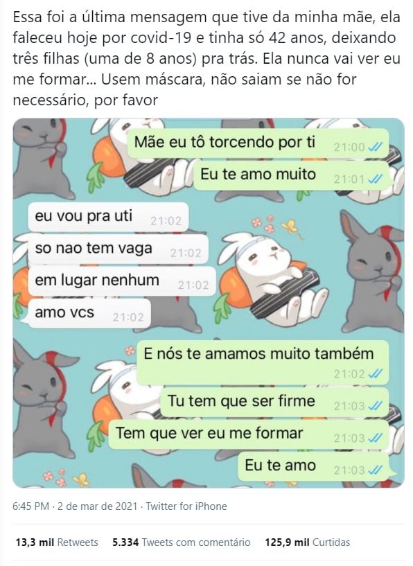 Print do Tweet de Giulia com a última conversa com a mãe no WhatsApp