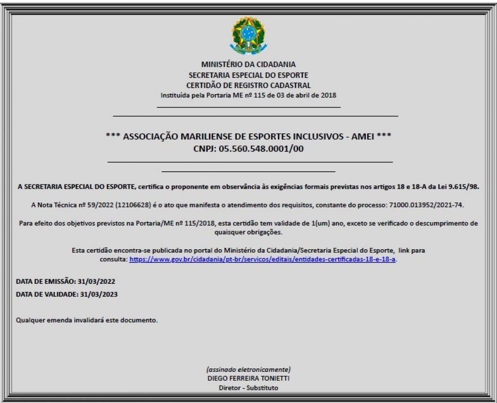 Ministério renova certidão da Amei e caminho para para projetos e recursos oficiais