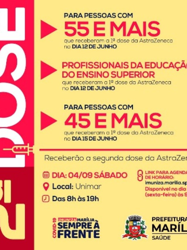 Marília abre nesta sexta cadastro de 2ª dose para três faixas de público vacinadas em junho