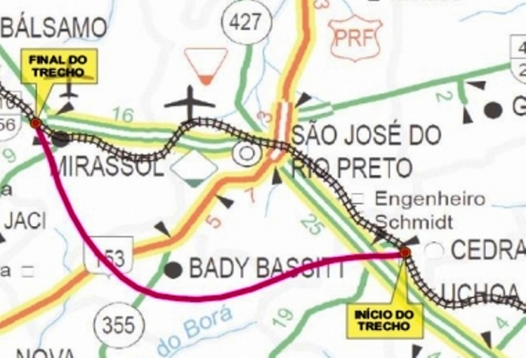 Área do contorno ferroviário projetado em Rio Preto – reprodução/Diário da Região