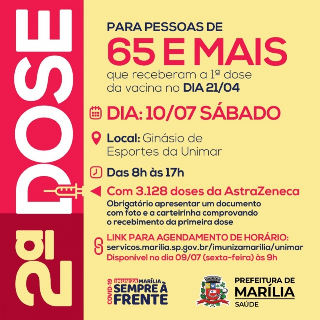 Saúde marca segunda dose para moradores acima de 65 anos em Marília