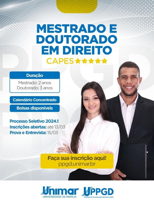 Inscrições abertas para o processo seletivo do Mestrado e Doutorado em Direito na Unimar