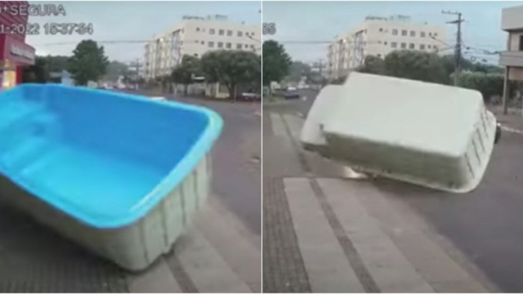 Piscina 'voa' e é arrastada pelas ruas após ventania no MS; veja vídeo