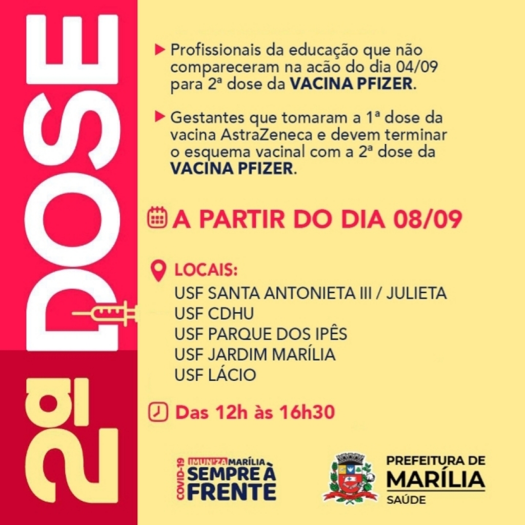 Marília marca 2ª dose da Pfizer para Educação e gestantes vacinadas em junho