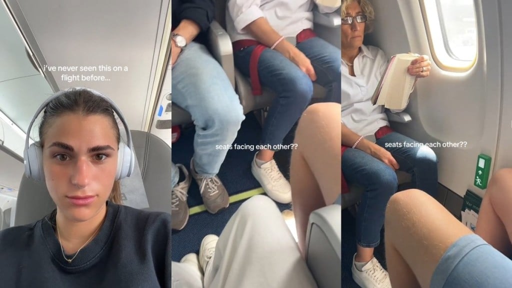 Reprodução/TikTok Os assentos ficam posicionados de forma que os passageiros ficam ‘se encarando’ durante o voo