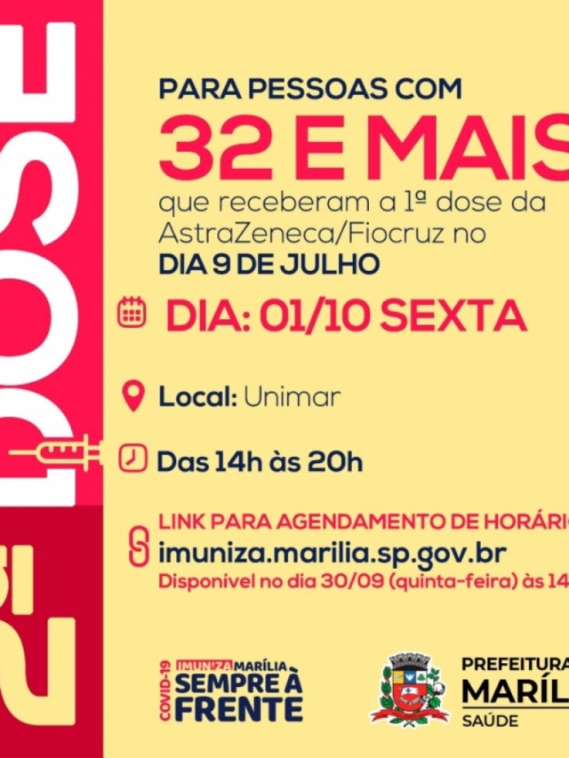 Saúde marca segunda dose para vacinados em 9 de julho em Marília