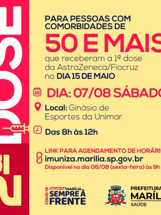Marília marca segunda dose para pessoas acima de 50 anos; exige cadastro