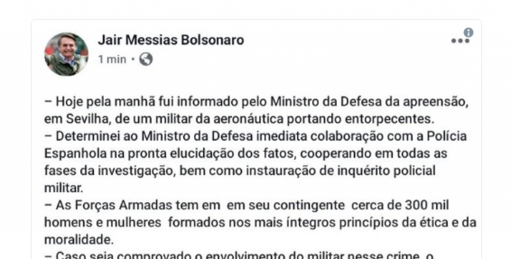 Militar em apoio à comitiva de Bolsonaro é preso com drogas na Espanha