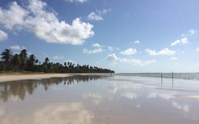 Praia do riacho, com o céu azul, areia clara e um mar exuberante.