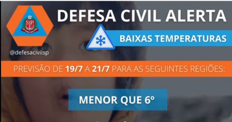 Defesa Civil projeta mínima abaixo de 6º em Marília; veja mais regiões