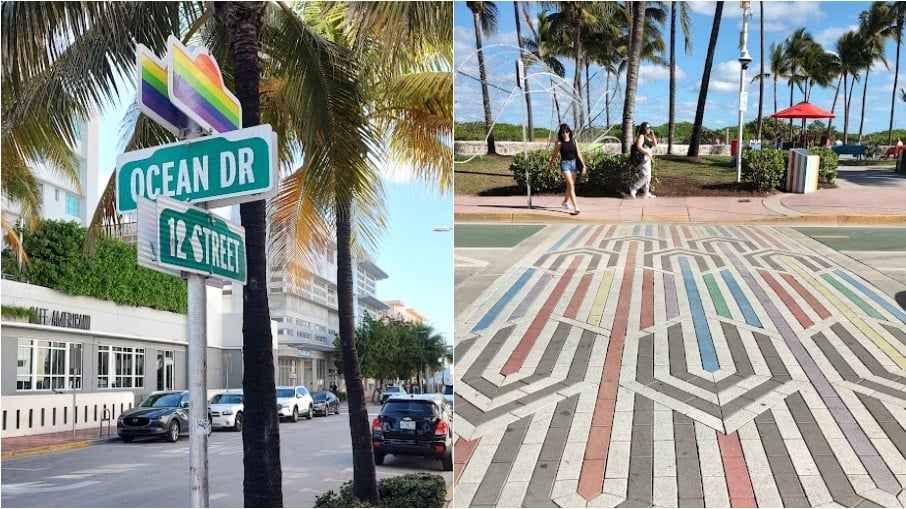 Em frente à rua 12, placas e faixas de pedestres nas cores do arco íris. É também nesse ponto que a praia de Miami Bexh . Foto: Thiago Calil/iG