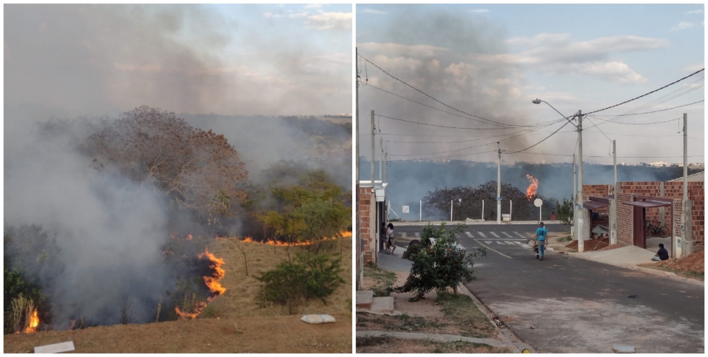 Queimada atinge área próxima a residências em Marília- Fotos: Júnior Sanches