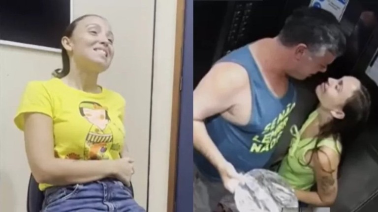 Reprodução Júlia sorrindo no depoimento. Ao lado, ela e Luiz Ormond no dia do suposto envenenamento
