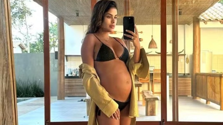 Munik Nunes esbanja barrigão de 6 meses em viagem na bahia: ‘A mamãe mais linda’