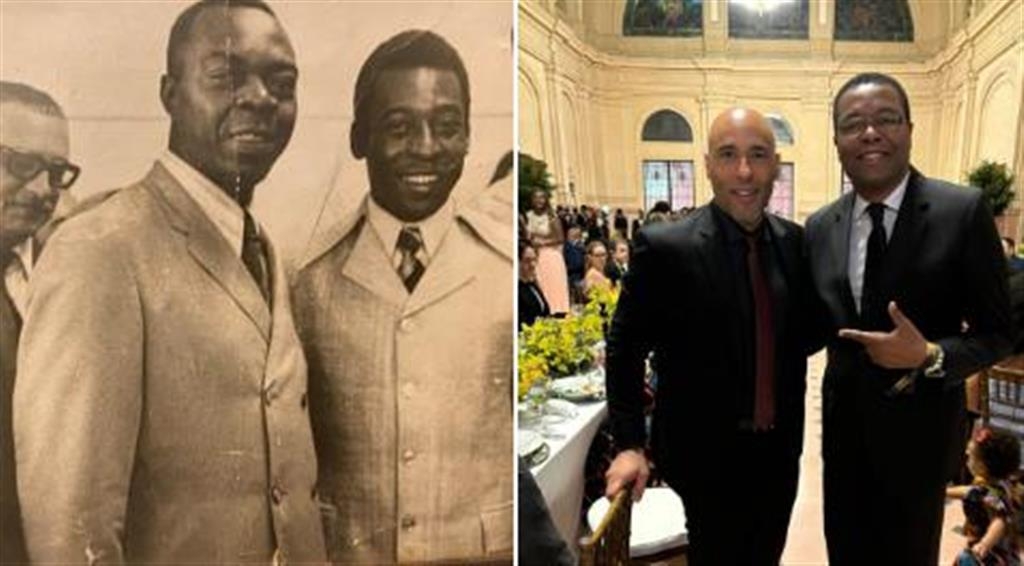 Nadir de Campos Jr e filho de Pelé reproduzem em premiação uma foto histórica dos pais