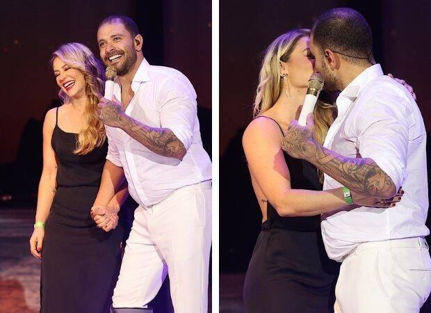 Paolla Oliveira e Diogo Nogueira trocam beijo em show. Foto: Reprodução