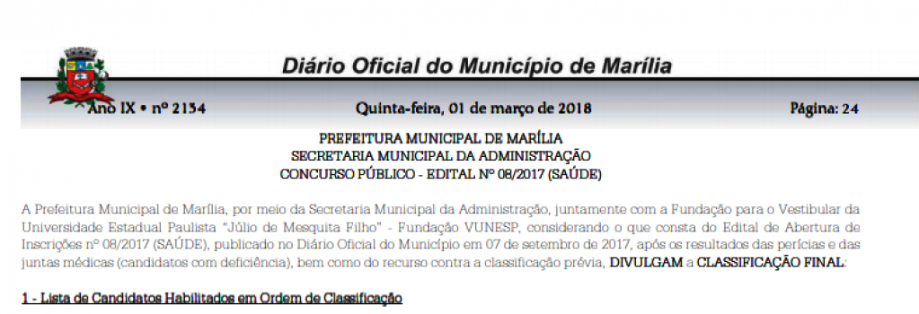 Sai classificação de concursos em Marília; veja lista