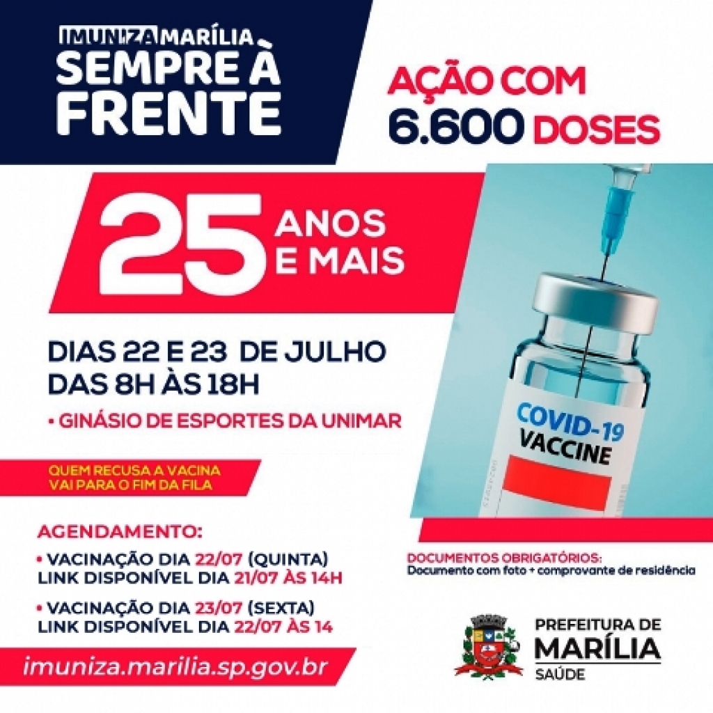 Vacina acima de 25 anos usa Coronavac em Marília; cadastro abre hoje e afasta 'sommeliers'