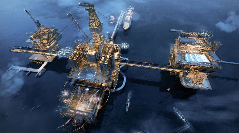 Imagens mostram como será o The Rig, resort contruído em plataforma de petróleo. Foto: Divulgação