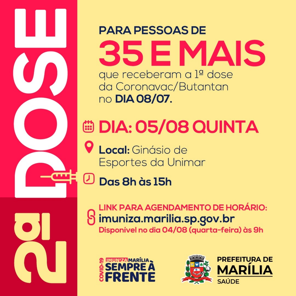 Saúde marca segunda dose para pessoas acima de 35; exige cadastro