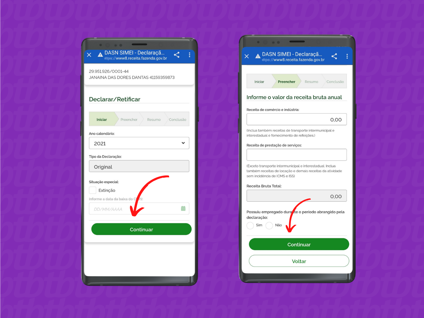 Tela para inclusão de dados para fazer a declaração do MEI