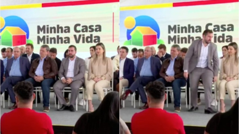 Montagem iG / Imagens reprodução TV Tribuna/Danilo Santos Tarcísio consolou prefeito que deixou palco irritado após discurso