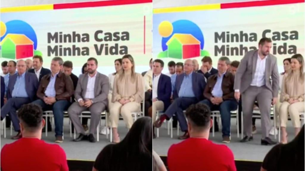 Montagem iG / Imagens reprodução TV Tribuna/Danilo Santos Tarcísio consolou prefeito que deixou palco irritado após discurso