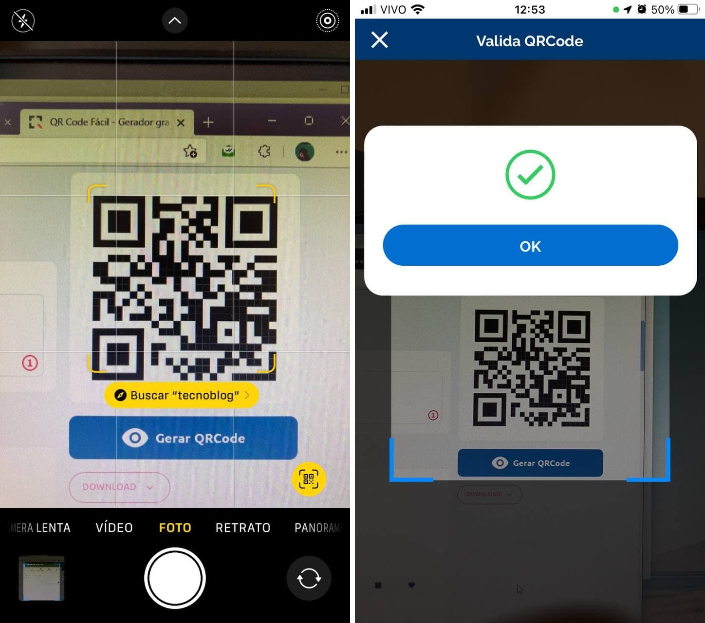 À esquerda, app de câmera do iPhone lendo o texto simples do QR Code. À direita, ConecteSUS dando "OK" para o mesmo QR Code