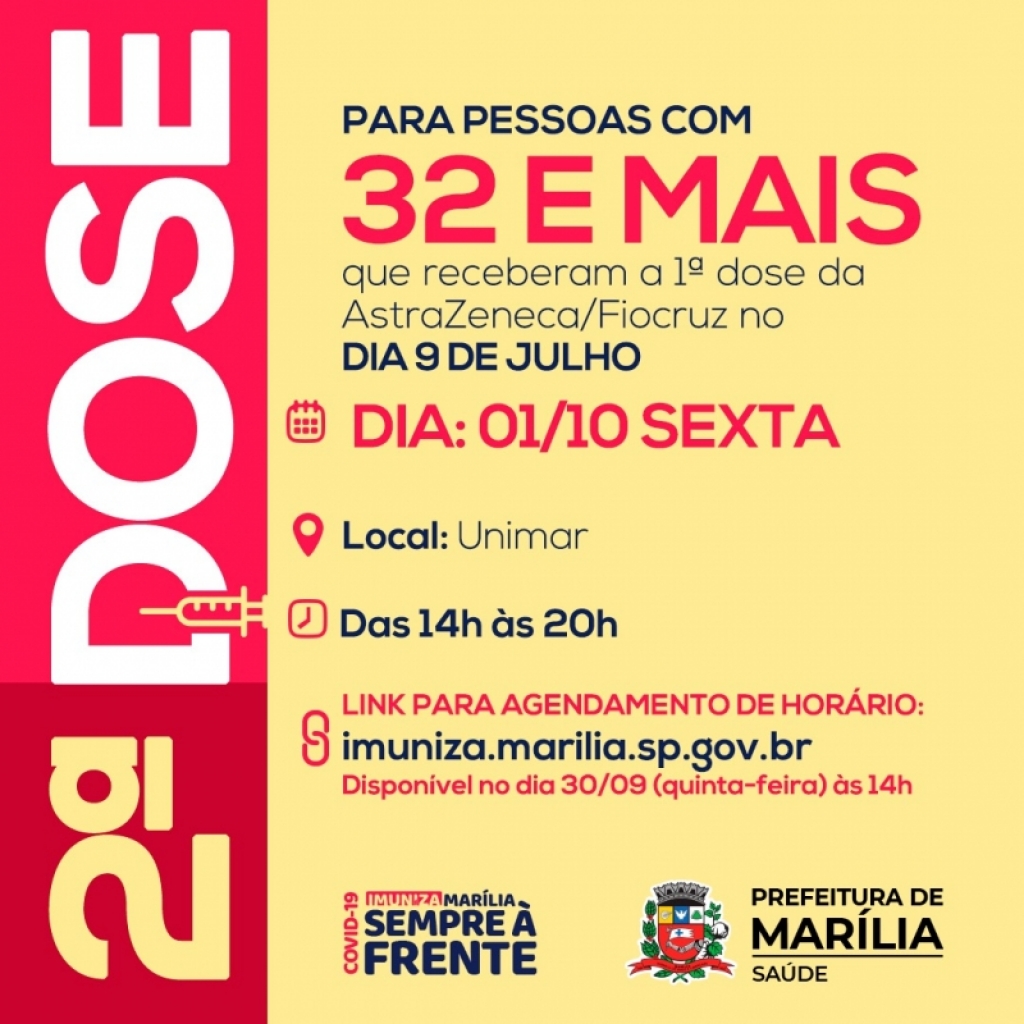 Saúde marca segunda dose para vacinados em 9 de julho em Marília