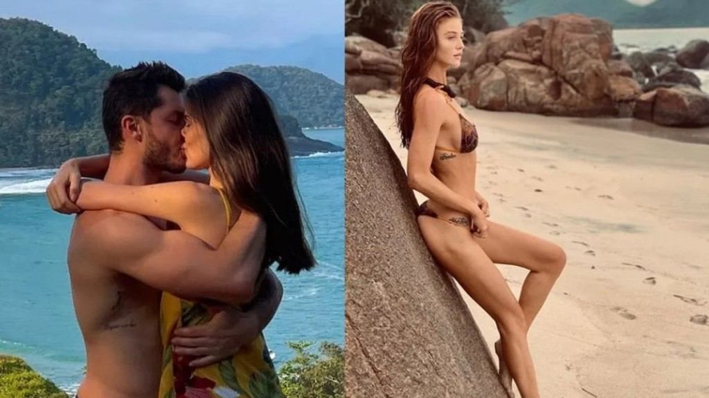 Reprodução/Instagram 14.07.2023 O casal Camila Queiroz e Klebber Toledo, e a modelo Cintia Dicker em Ubatuba, litoral de São Paulo