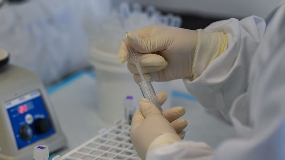 Mão de profissional segura tubo com amostra em ambiente de laboratório