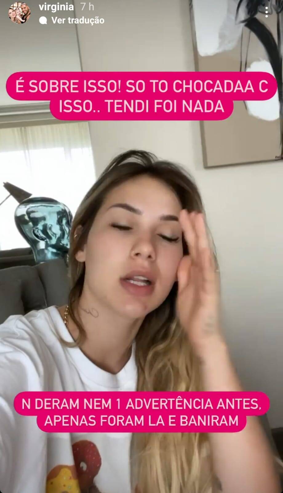 Virgínia Fonseca desabada nos stories após ser suspensa do TikTok. Foto: Reprodução/Instagram