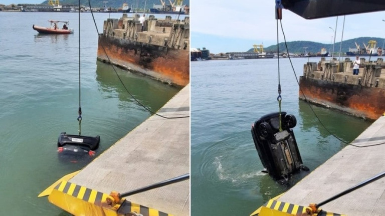 Litoral de SP: motorista erra entrada da balsa e carro cai no mar