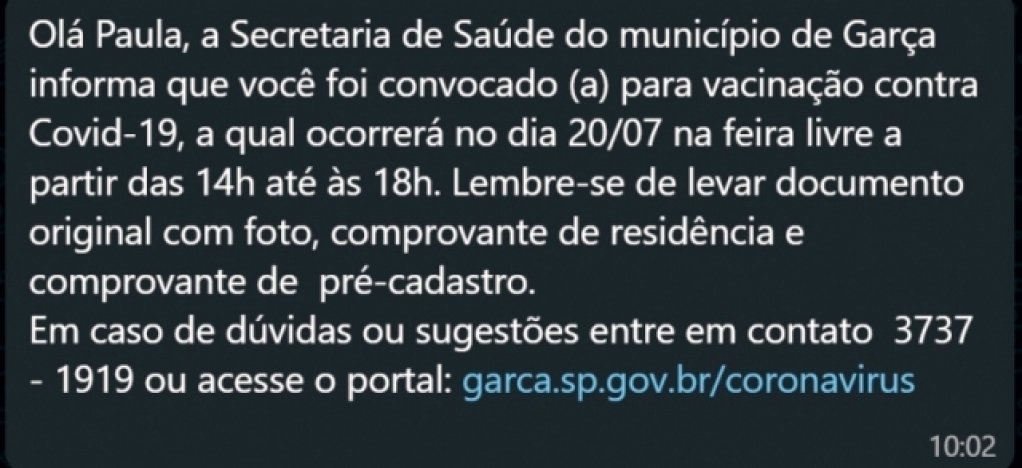 Garça terá convocação por WhatsApp para pessoas cadastradas para vacina