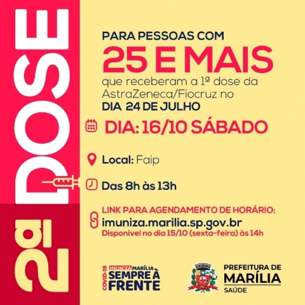 Marília marca segunda dose para vacinados em 24 de julho; exige cadastro