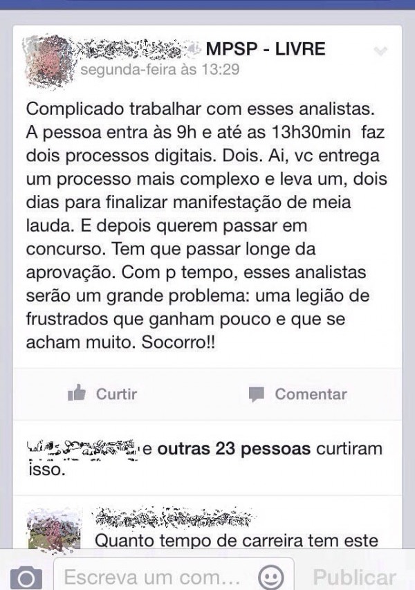Mensagem em redes sociais com ofensas a analistas do MP