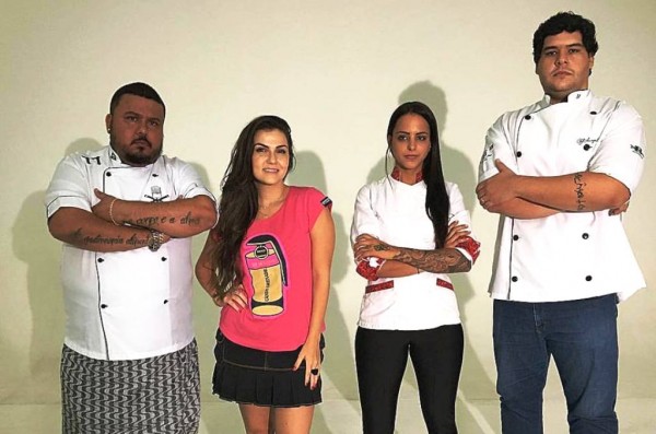 Apresentadora Mayra Mésseder com os chefs Maxwell Di Manno, Gabriela Atta e Henrique Brandão – Reproudção