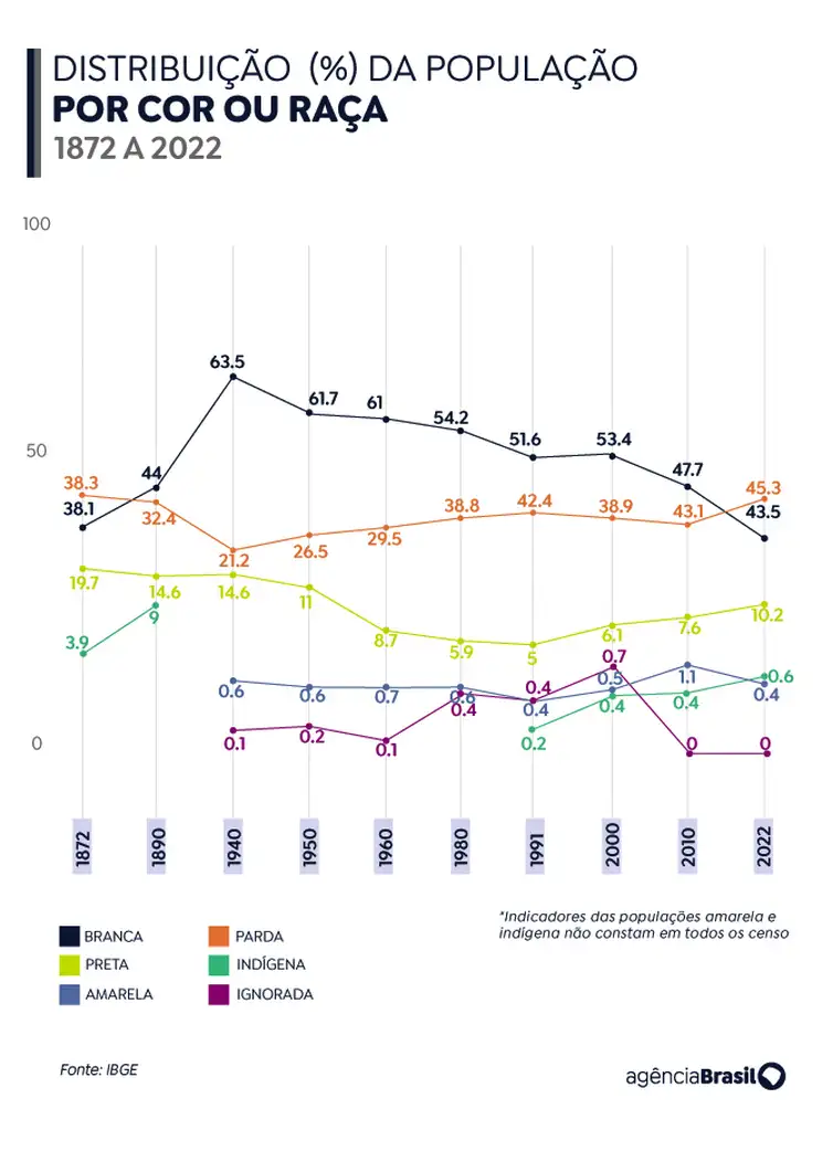 Brasília (DF) 21/12/2023 – Distribuição da População Por cor Ou Raça.  Arte Agência Brasil