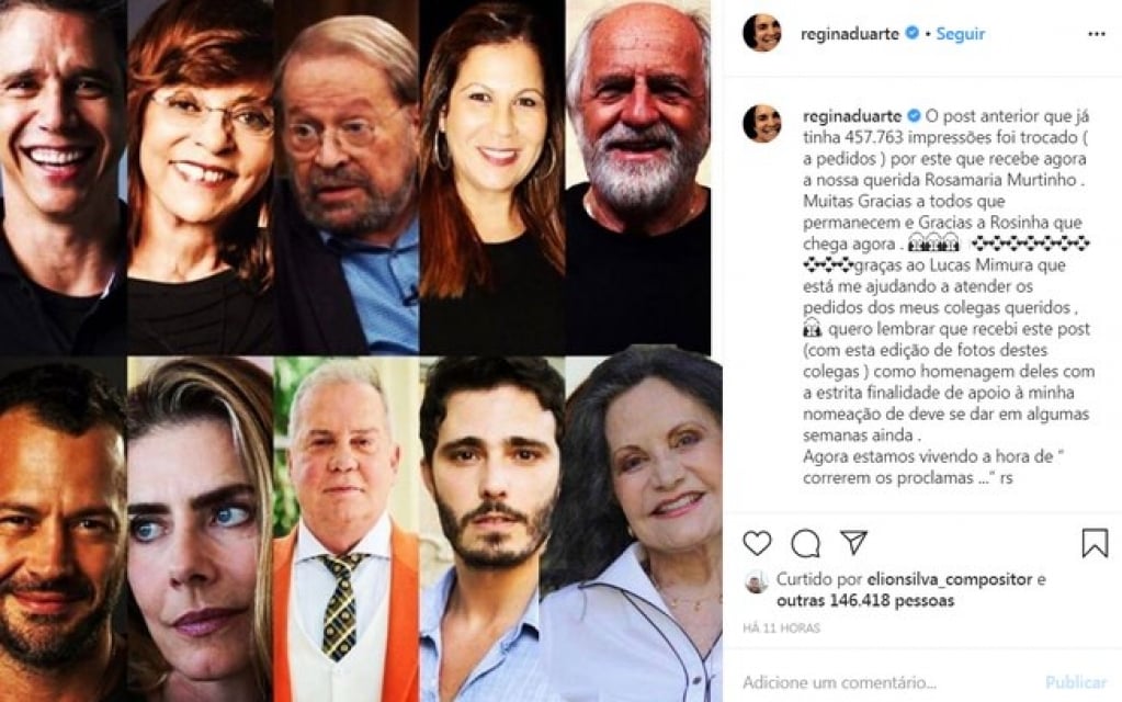 Sem apoio? Famosos globais se manifestam contra post de Regina Duarte