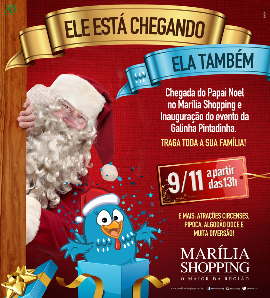 Papai Noel chega ao Marília Shopping com Galinha Pintadinha