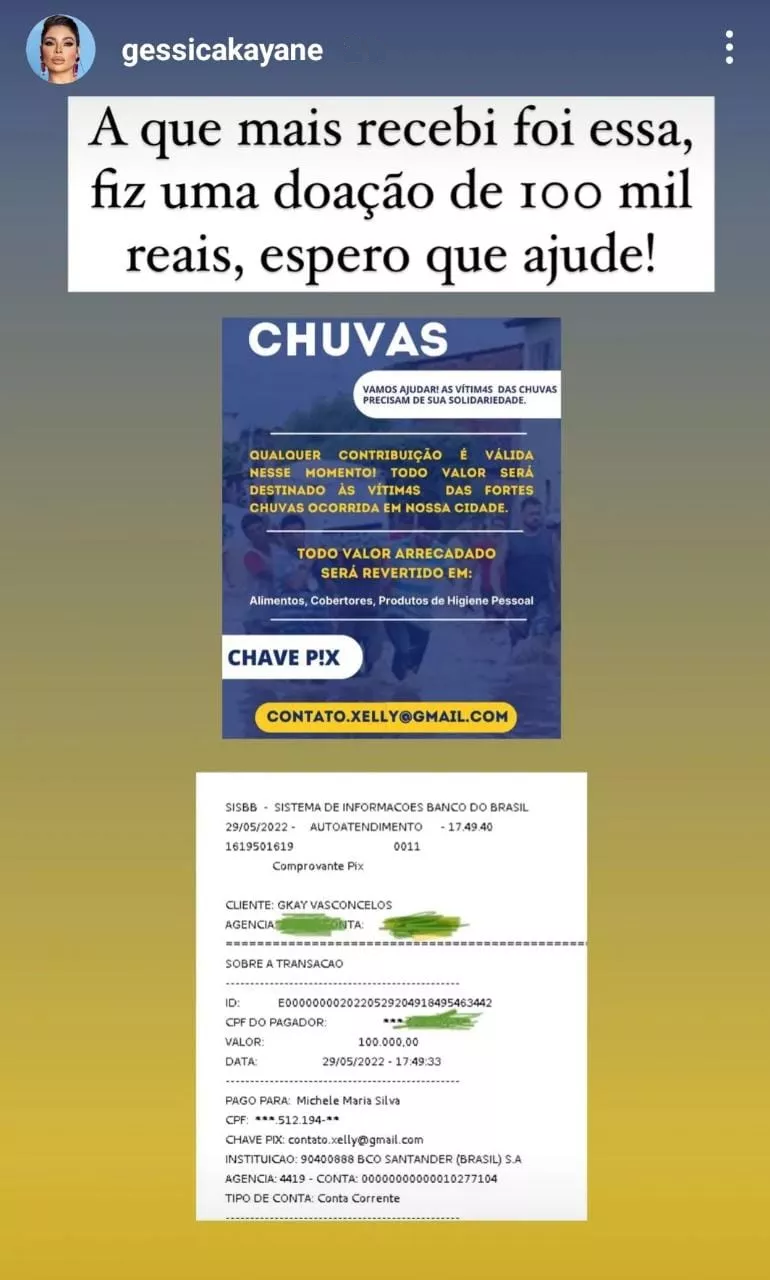 Gkay doa R$ 100 mil para ajudar desabrigados pelas chuvas no Recife. Foto: Reprodução/Instagram