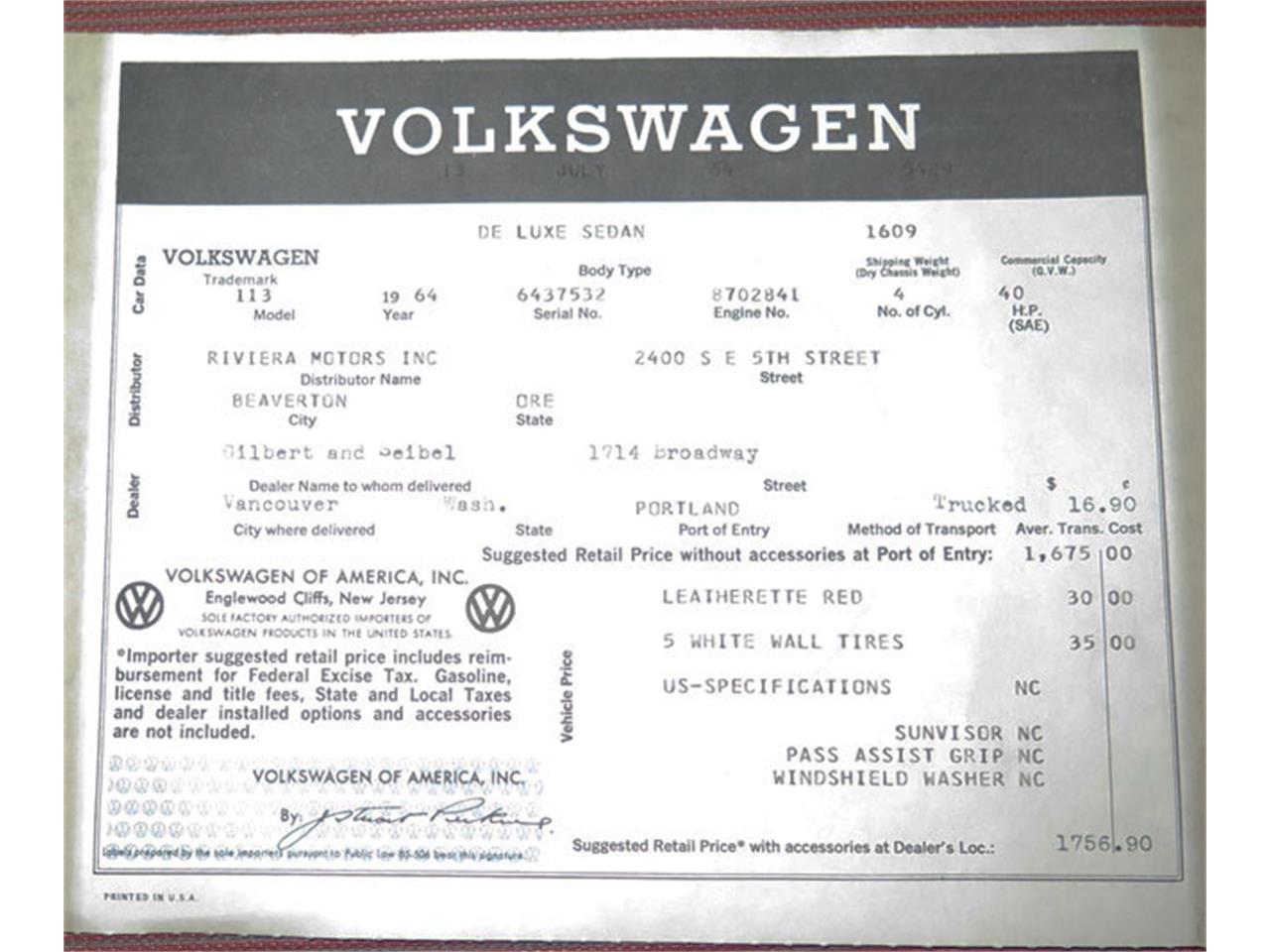 Volkswagen Fusca 1964. Foto: Reprodução - Classiccars.com