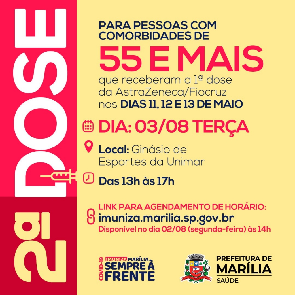 Marília marca 2ª dose para 55 anos com comorbidades; cadastro nesta segunda