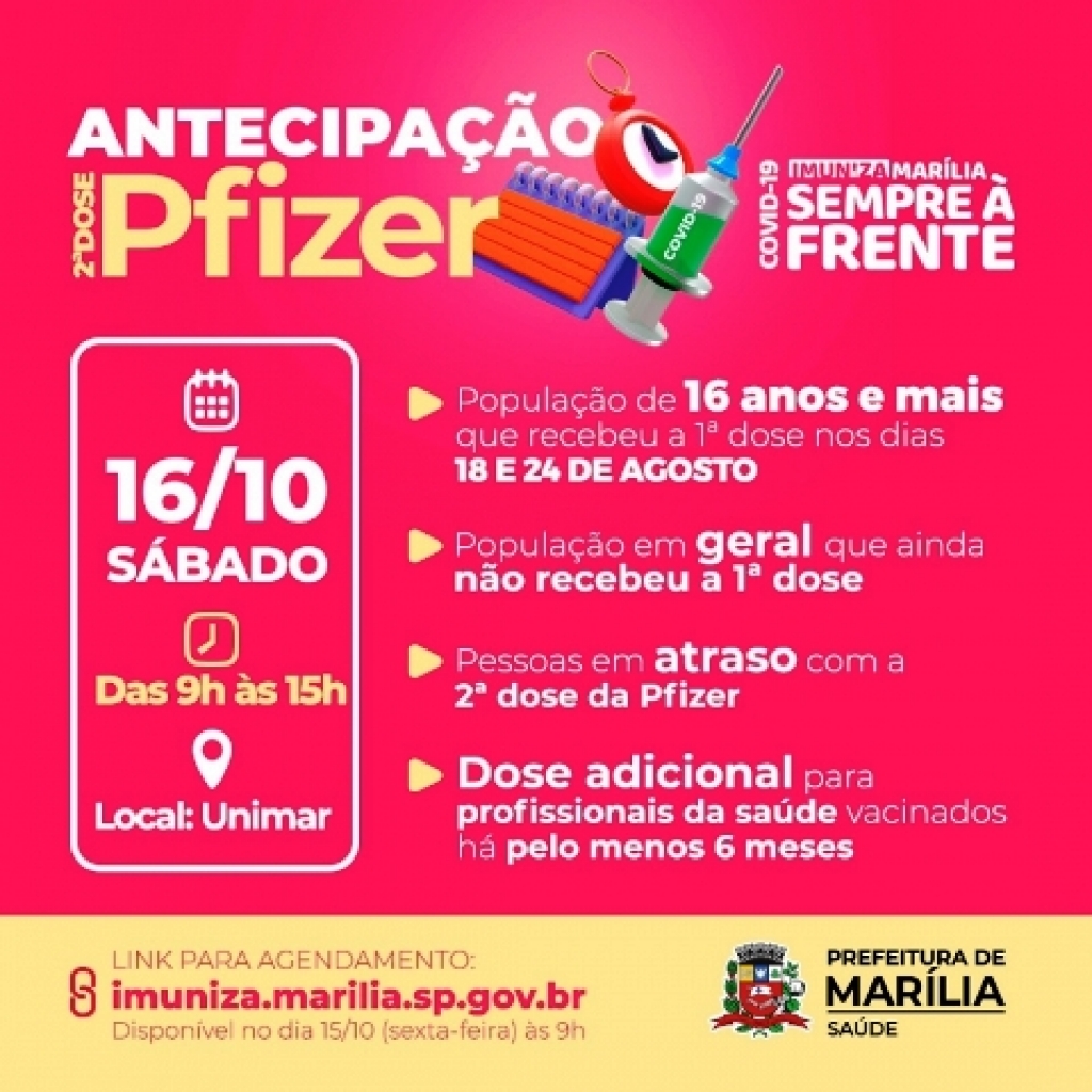 Saúde antecipa segunda dose da Pfizer e vacina atrasados em Marília; faça cadastro