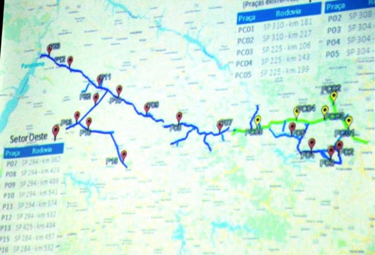 Mapa de pedágios a serem instalados com a concessão