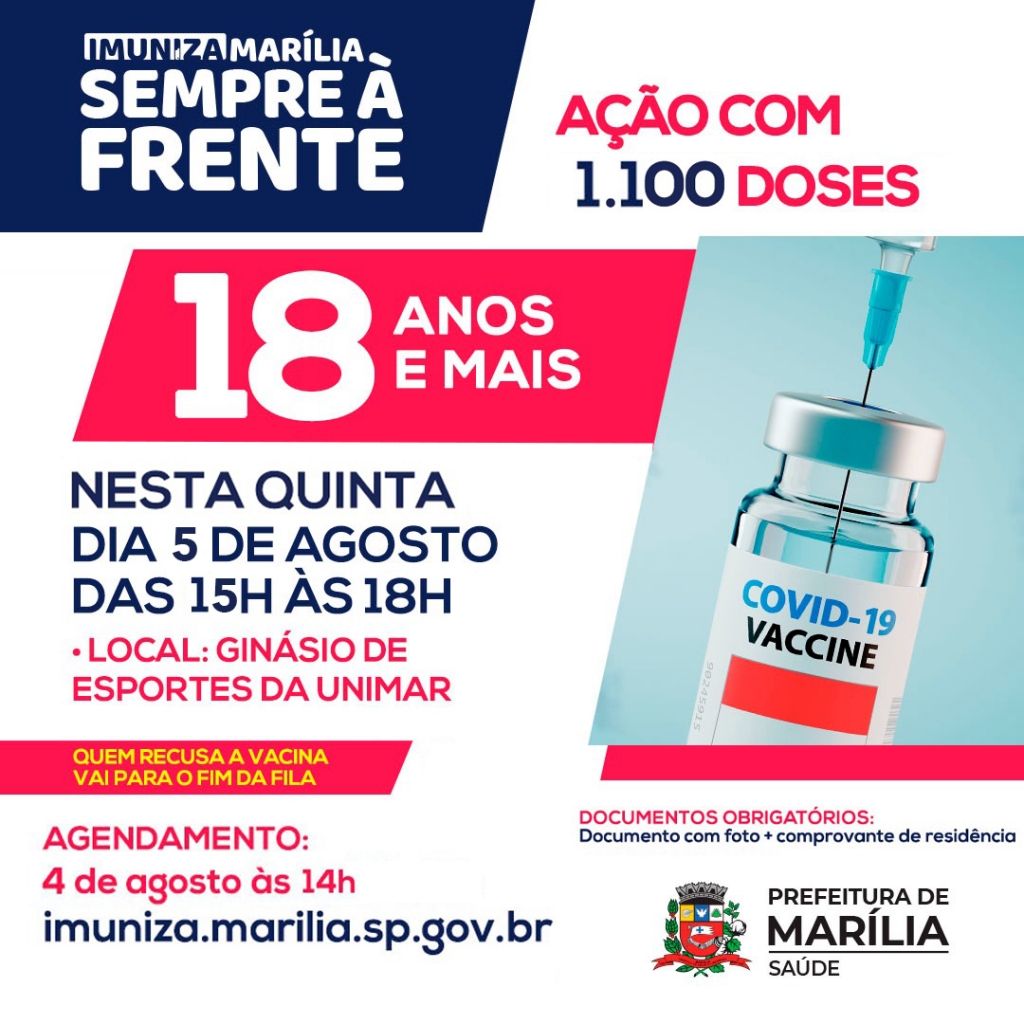 Vacinação para público acima de 18 anos abre cadastro nesta quarta em Marília